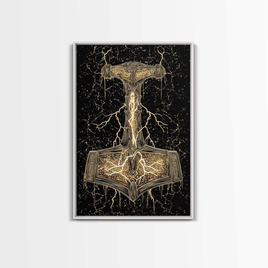 Thor’s Hammer Mjolnir Norse Mythology Canvas Gold Art, Viking Canvas Art with Lightning, framed in natural real wood for office décor