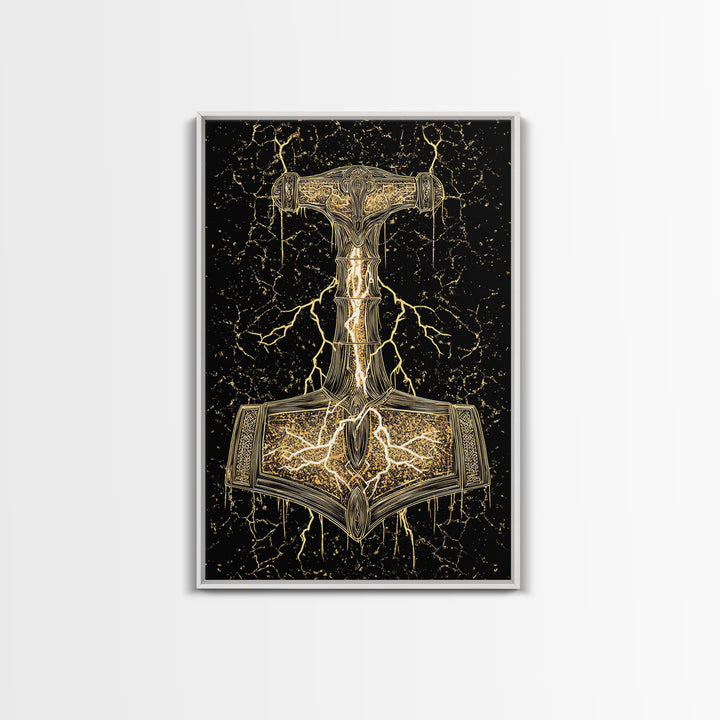 Thor’s Hammer Mjolnir Norse Mythology Canvas Gold Art, Viking Canvas Art with Lightning, framed in natural real wood for office décor
