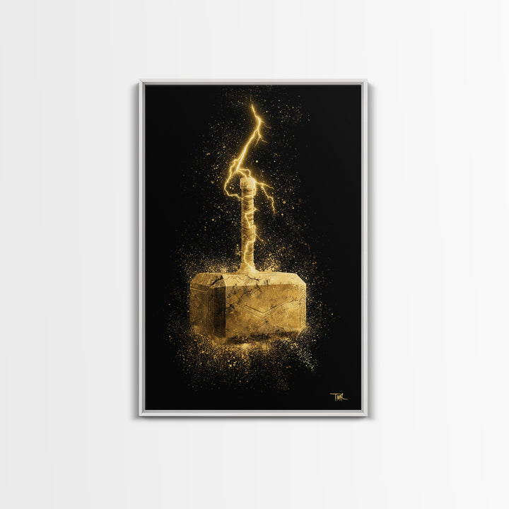 Canvas Gold Art of Thor’s Hammer Mjolnir, Norse Mythology inspired Canvas Art, Viking Man Cave wall décor with real wood framing