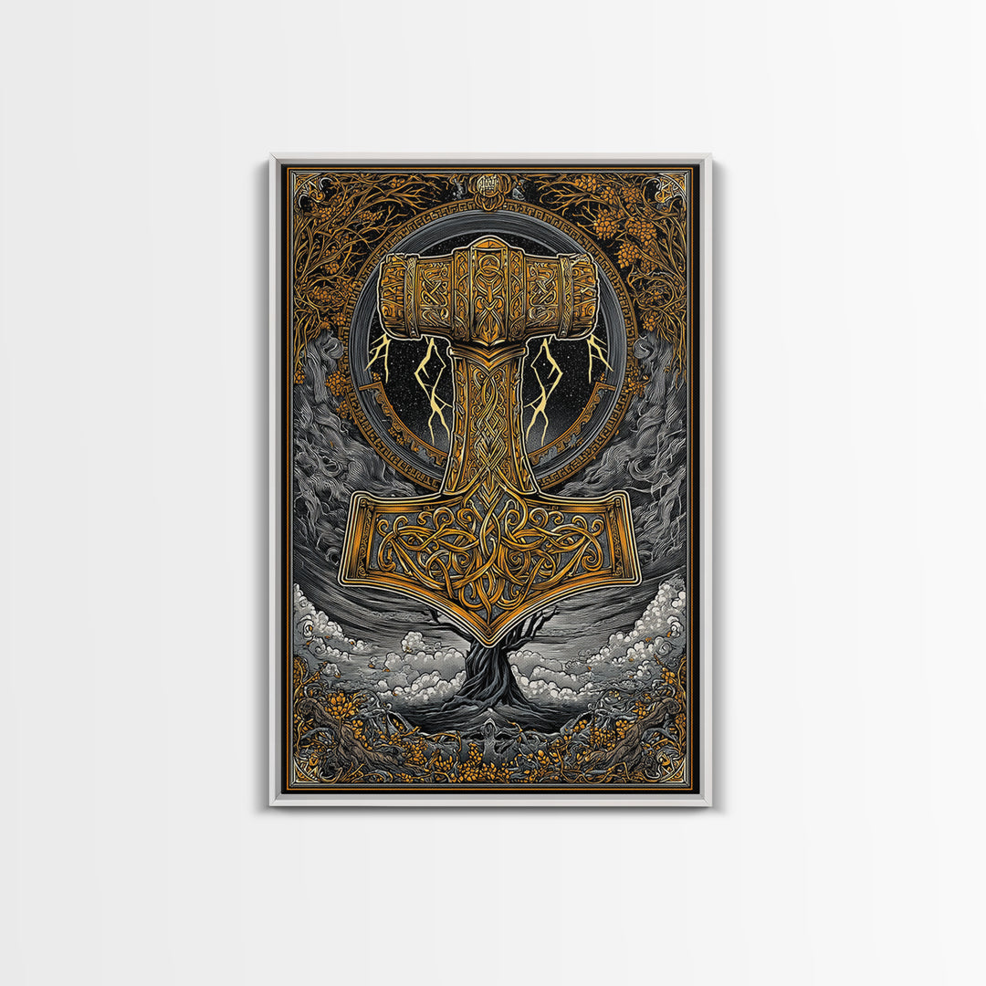 Norse Mythology Mjolnir Hammer Artwork, Canvas Gold Art and Viking Canvas Art, framed in real wood, Nordic office and dad gift décor