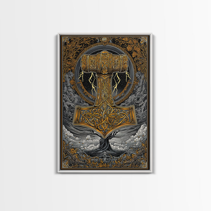 Norse Mythology Mjolnir Hammer Artwork, Canvas Gold Art and Viking Canvas Art, framed in real wood, Nordic office and dad gift décor