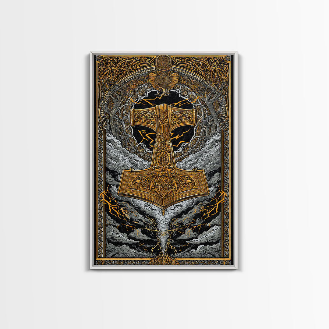 Viking Thor’s Hammer Mjolnir Wall Art, Canvas Gold Art and Canvas Art, Norse Mythology inspired office décor framed in solid wood