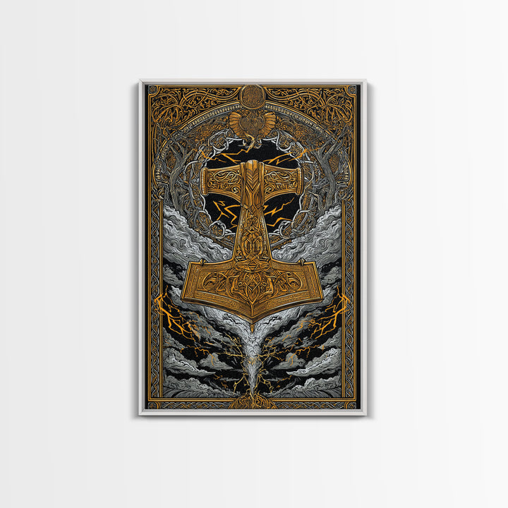 Viking Thor’s Hammer Mjolnir Wall Art, Canvas Gold Art and Canvas Art, Norse Mythology inspired office décor framed in solid wood