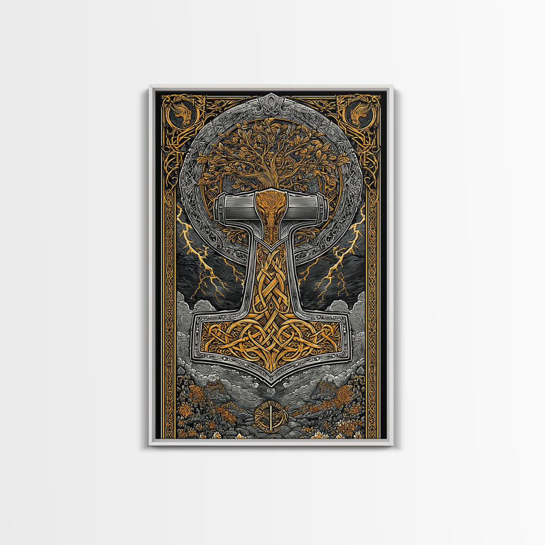 Canvas Gold Art featuring Mjolnir, Thor’s Hammer of Norse Mythology, Viking Canvas Art framed in natural wood for man cave or office