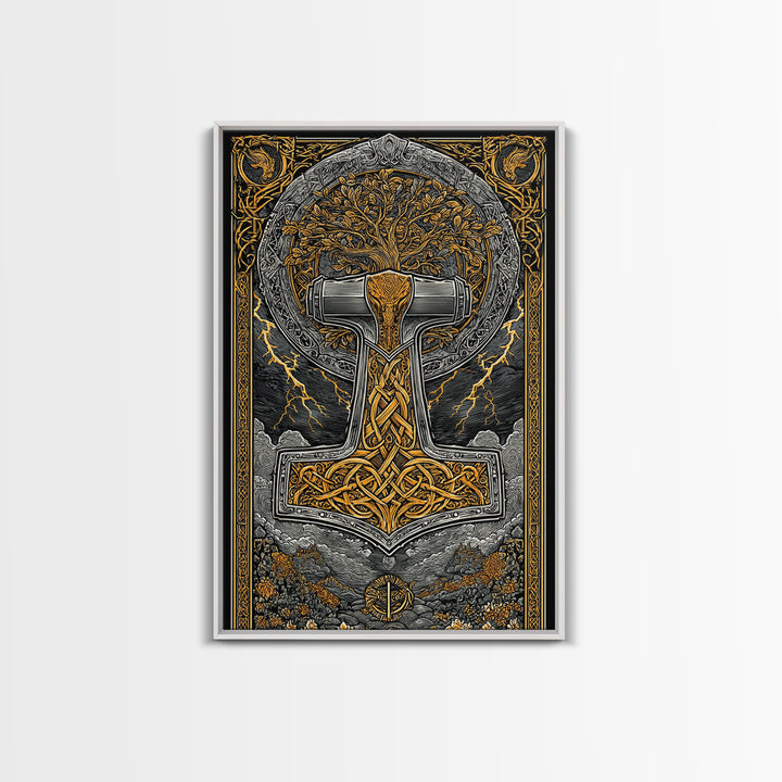 Canvas Gold Art featuring Mjolnir, Thor’s Hammer of Norse Mythology, Viking Canvas Art framed in natural wood for man cave or office