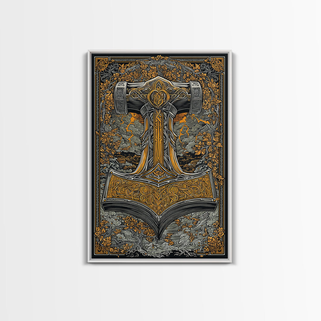Norse Viking Wall Art of Mjolnir Hammer, Canvas Gold Art and Canvas Art, mythology-inspired décor framed in real wood for dad gift