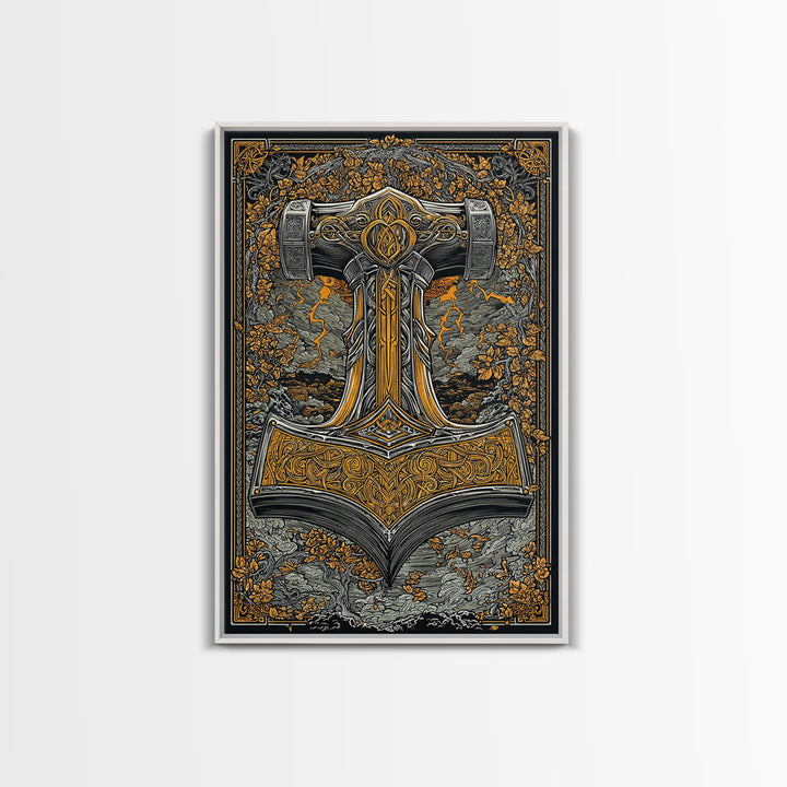 Norse Viking Wall Art of Mjolnir Hammer, Canvas Gold Art and Canvas Art, mythology-inspired décor framed in real wood for dad gift