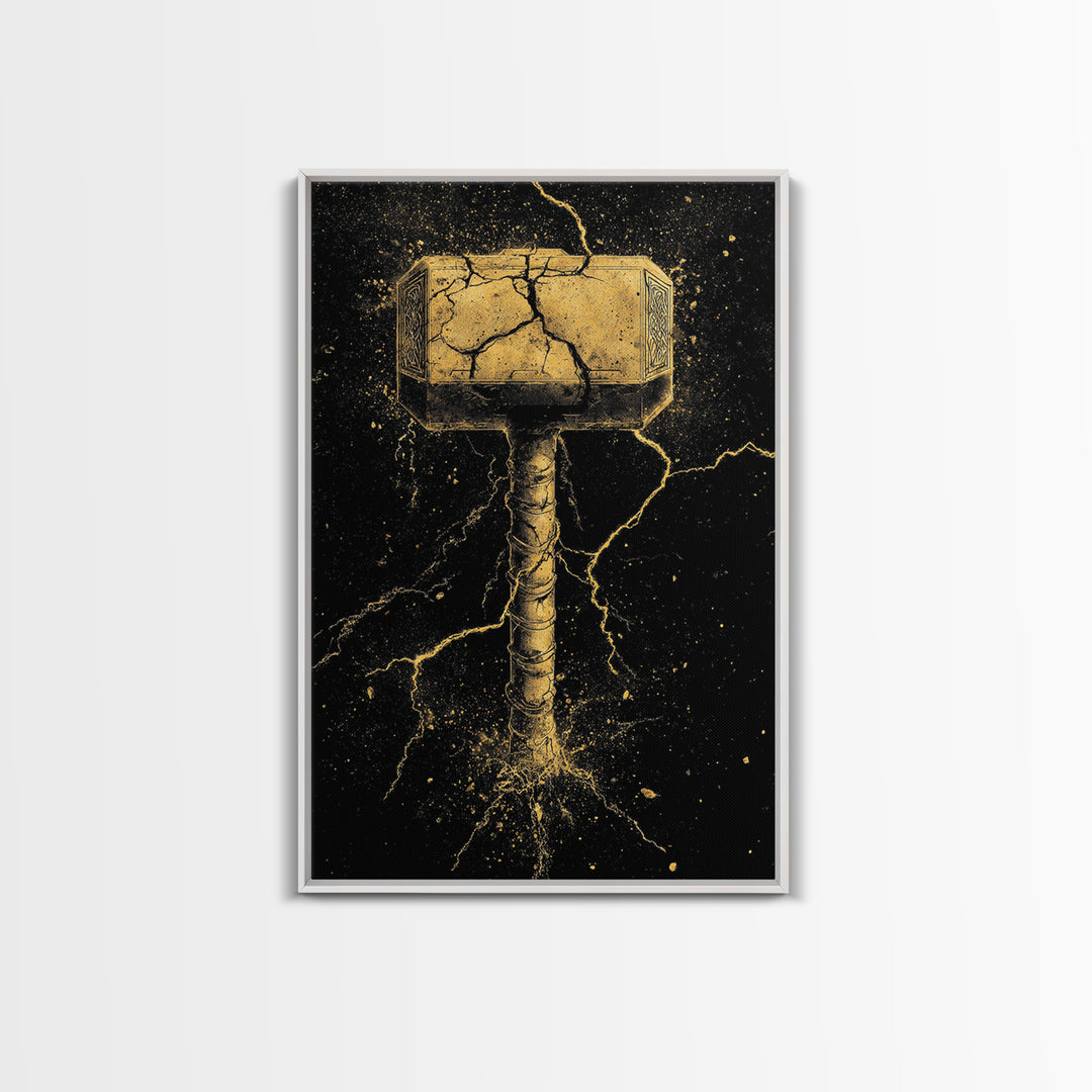 Thor’s Mjolnir Canvas Gold Art, Viking Canvas Art from Norse Mythology, framed in real wood, striking office wall art and man cave gift