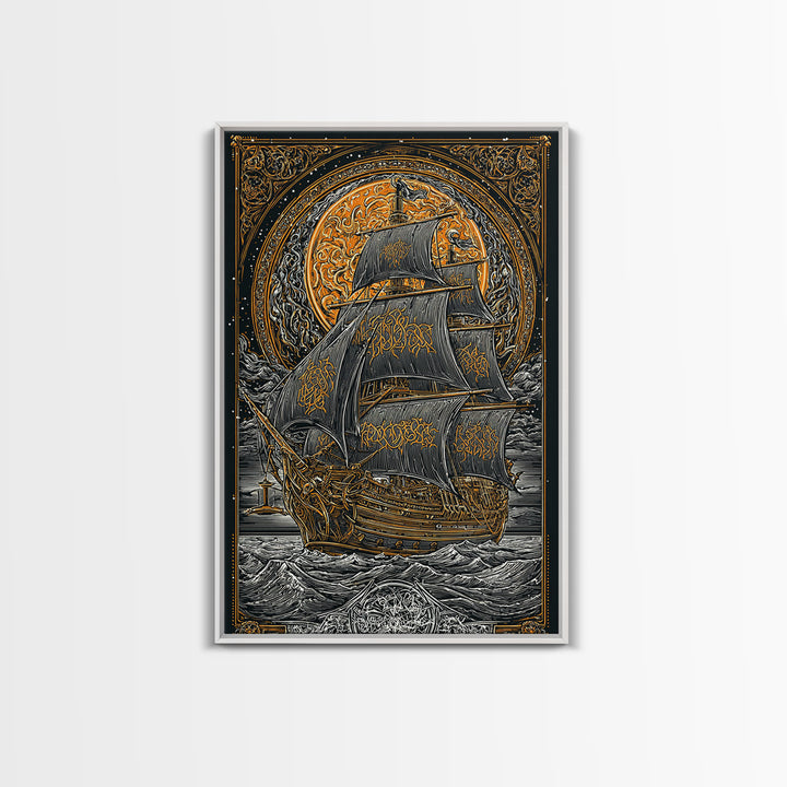Viking Naglfar Ship Wall Art, Canvas Gold Art and Norse Canvas Art, Nordic Mythology scene framed in real wood for office or dad décor
