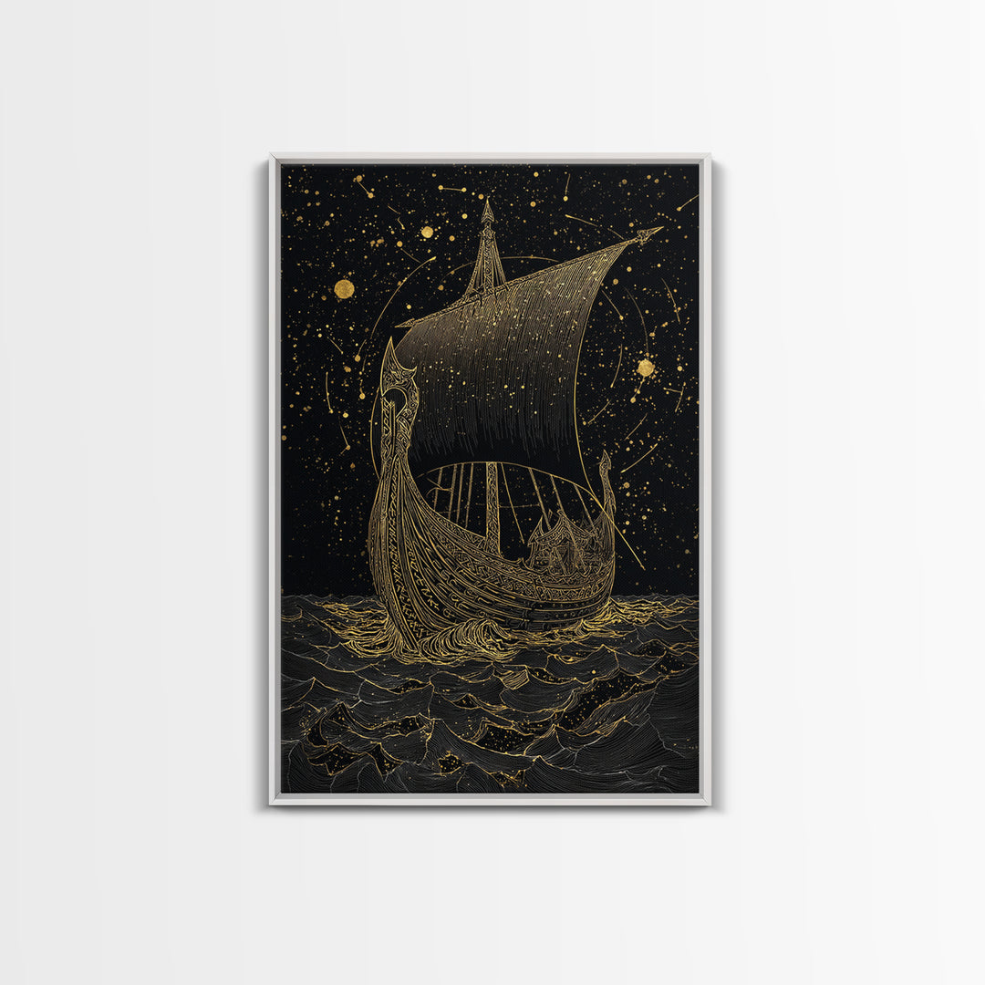 Norse Naglfar Viking Ship Artwork, Canvas Gold Art and Canvas Art, Nordic Mythology wall décor framed in real wood, unique dad gift