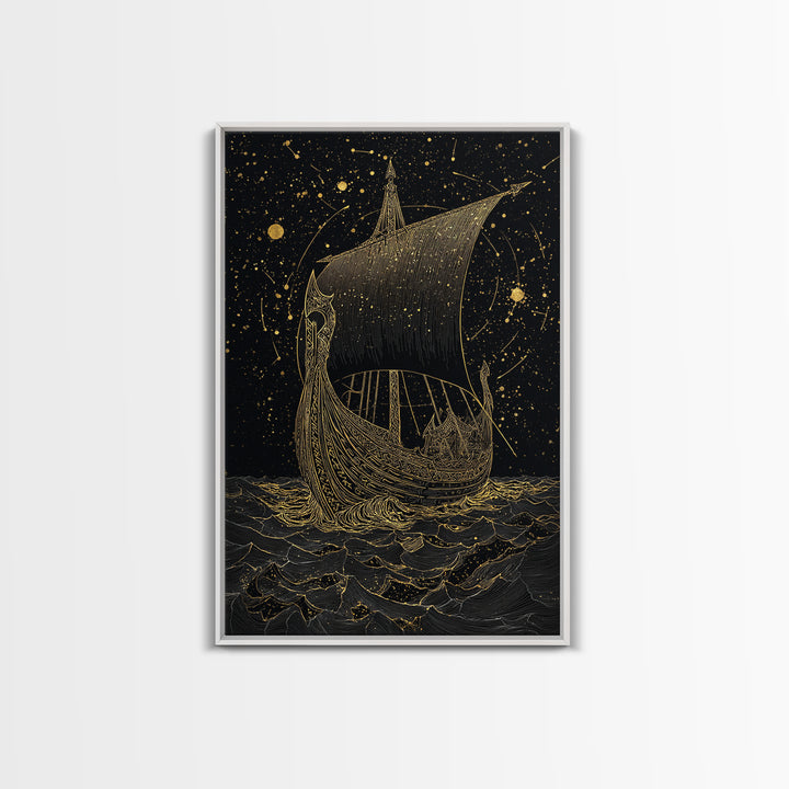 Norse Naglfar Viking Ship Artwork, Canvas Gold Art and Canvas Art, Nordic Mythology wall décor framed in real wood, unique dad gift