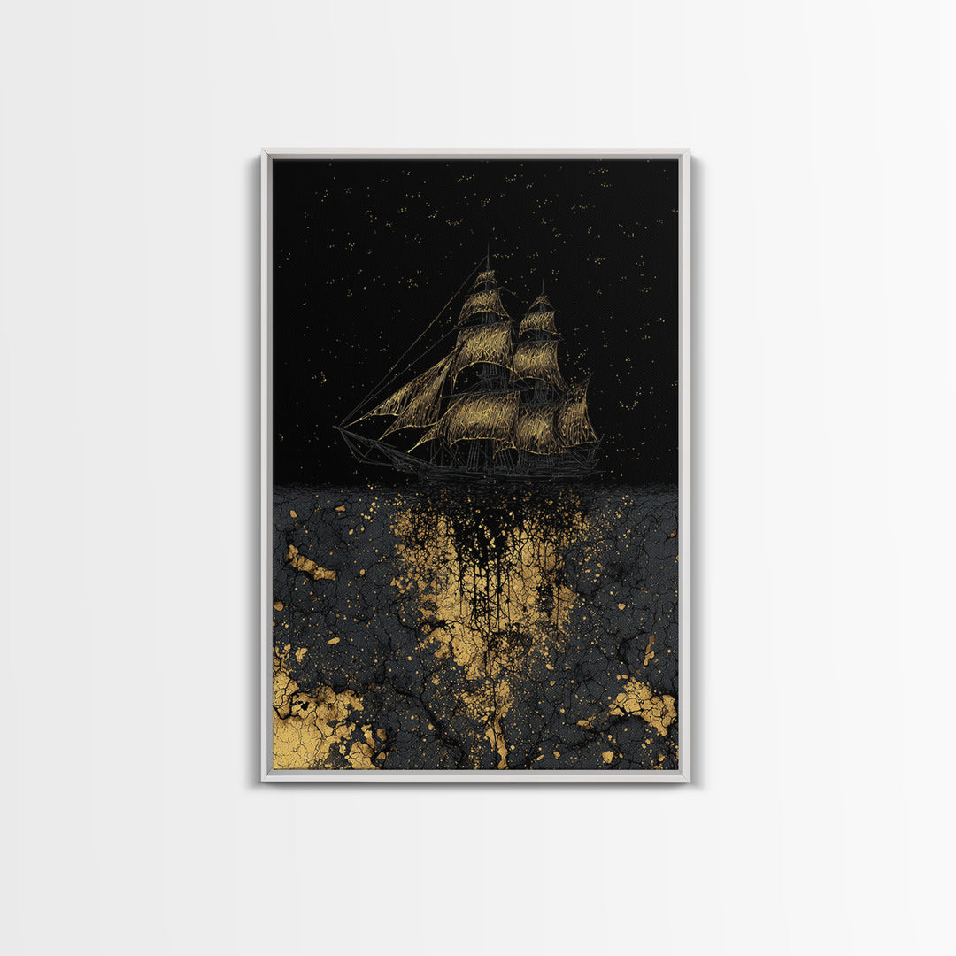 Canvas Gold Art of the Ship Naglfar, Viking Mythology Canvas Art, Norse legend inspired décor framed in natural wood for man cave wall