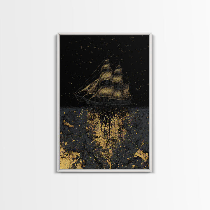 Canvas Gold Art of the Ship Naglfar, Viking Mythology Canvas Art, Norse legend inspired décor framed in natural wood for man cave wall