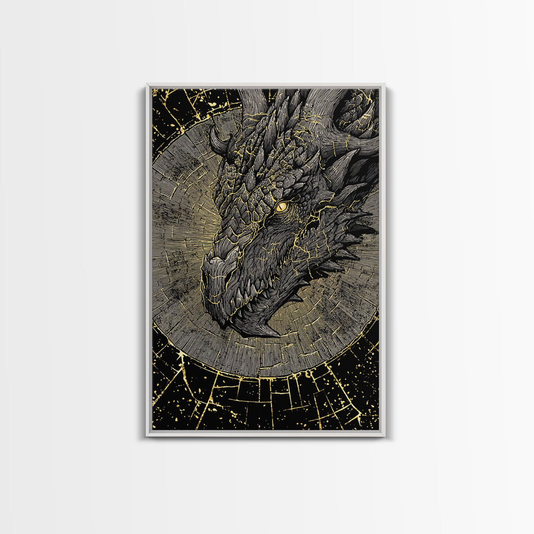 Canvas Gold Art of Nidhogg Dragon Head, Norse Mythology Canvas Art for Man Cave or Office, Viking Wall Decor framed in natural wood