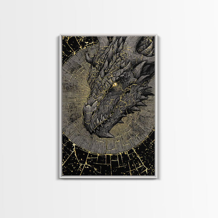 Canvas Gold Art of Nidhogg Dragon Head, Norse Mythology Canvas Art for Man Cave or Office, Viking Wall Decor framed in natural wood