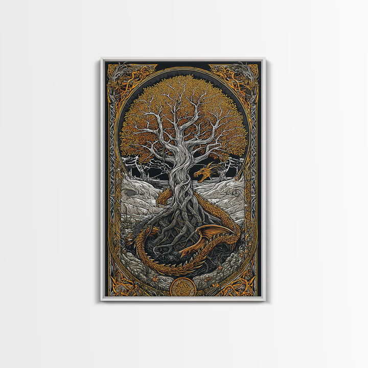 Yggdrasil World Tree Canvas Gold Art, Norse Mythology Canvas Art with Nidhogg Dragon, Viking Wall Decor framed in Real Wood