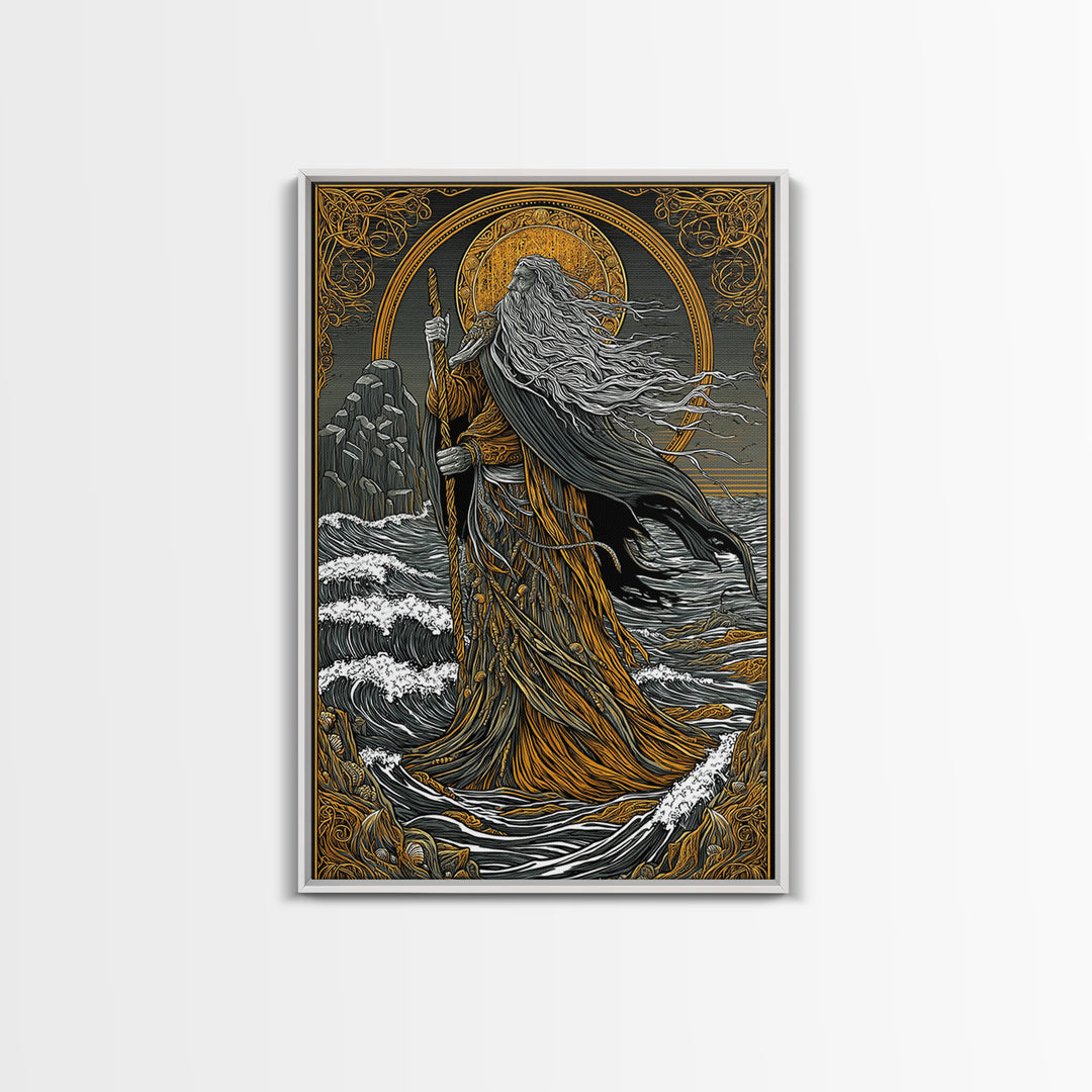 Nordic God Njord Canvas Gold Art, Ocean Deity Norse Mythology Canvas Art for Office Wall or Dad Gift, framed with natural wood