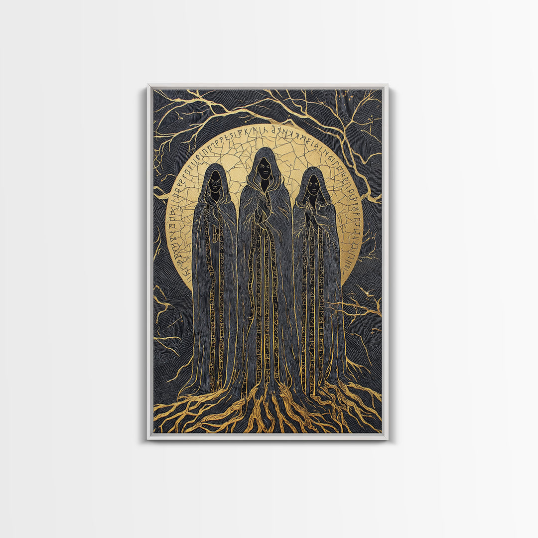 Viking Norns Canvas Gold Art, Nordic Mythology Canvas Art of Fate Goddesses and Runes, Norse Decor framed with natural wood frame