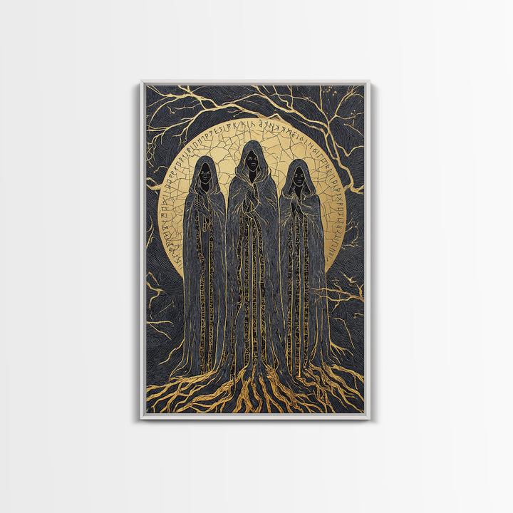 Viking Norns Canvas Gold Art, Nordic Mythology Canvas Art of Fate Goddesses and Runes, Norse Decor framed with natural wood frame