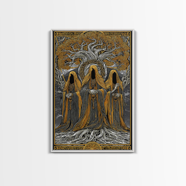 Norns of Yggdrasil Canvas Gold Art, Nordic Mythology Canvas Art featuring Fate and Destiny, Viking Wall Art framed in real wood