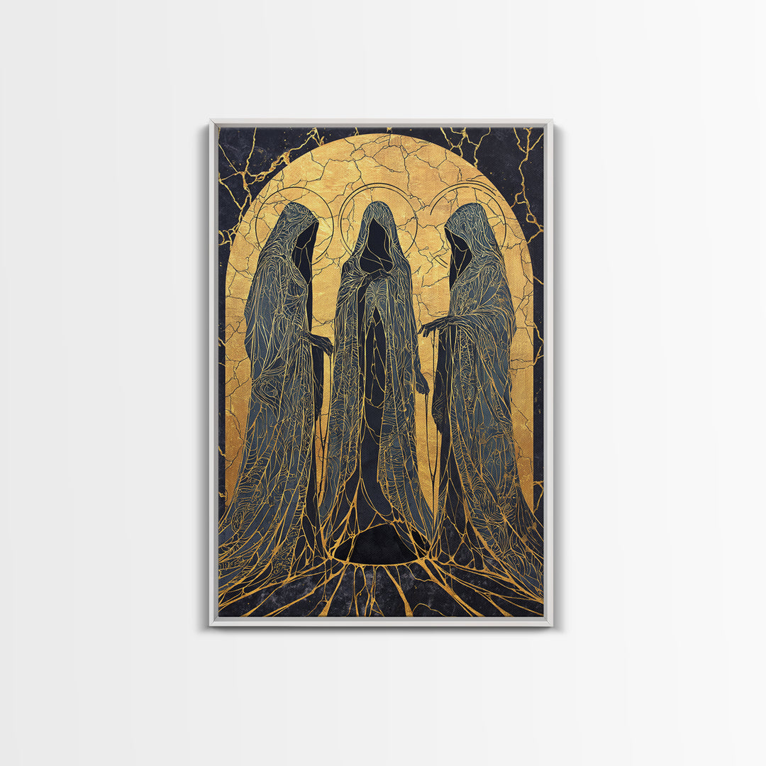 Canvas Gold Art of the Three Norns, Norse Mythology Canvas Art on Yggdrasil Roots, Viking Man Cave Decor in a natural wood frame