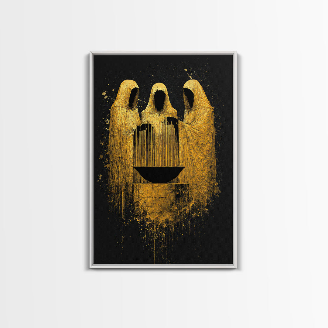 Viking Norns Canvas Gold Art, Nordic Mythology Canvas Art of Fate Goddesses around Sacred Well, Office Decor with natural wood frame
