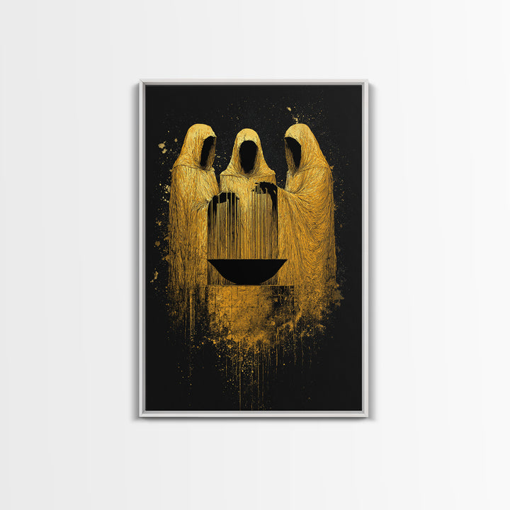 Viking Norns Canvas Gold Art, Nordic Mythology Canvas Art of Fate Goddesses around Sacred Well, Office Decor with natural wood frame