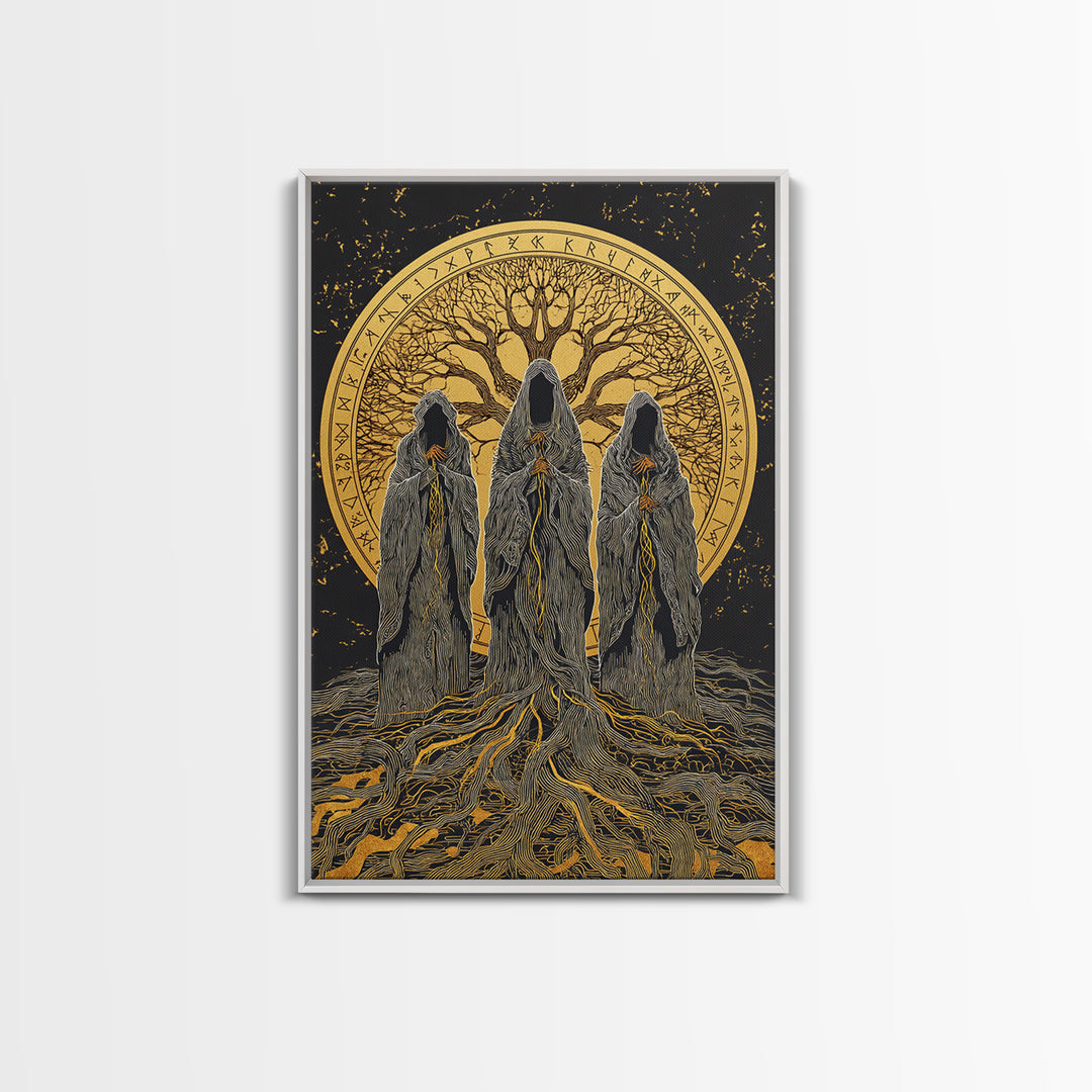 Norns Canvas Gold Art, Norse Mythology Canvas Art of Fate Weavers with Yggdrasil, Viking Office Decor beautifully framed in real wood