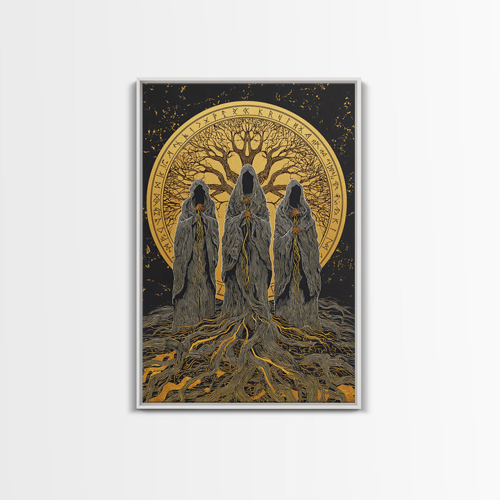 Norns Canvas Gold Art, Norse Mythology Canvas Art of Fate Weavers with Yggdrasil, Viking Office Decor beautifully framed in real wood