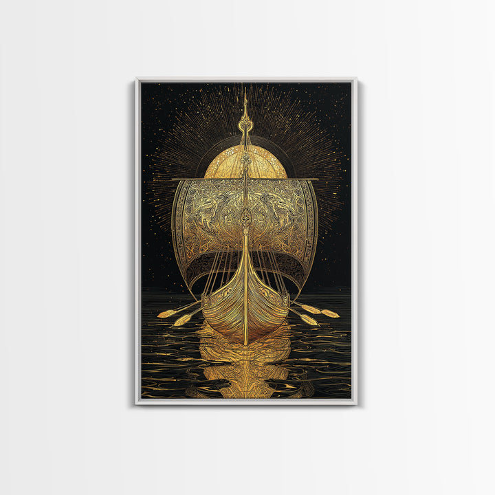 Viking Ship Canvas Gold Art Canvas Art Norse Longboat Wall Decor for Man Cave or Office, framed in natural wood