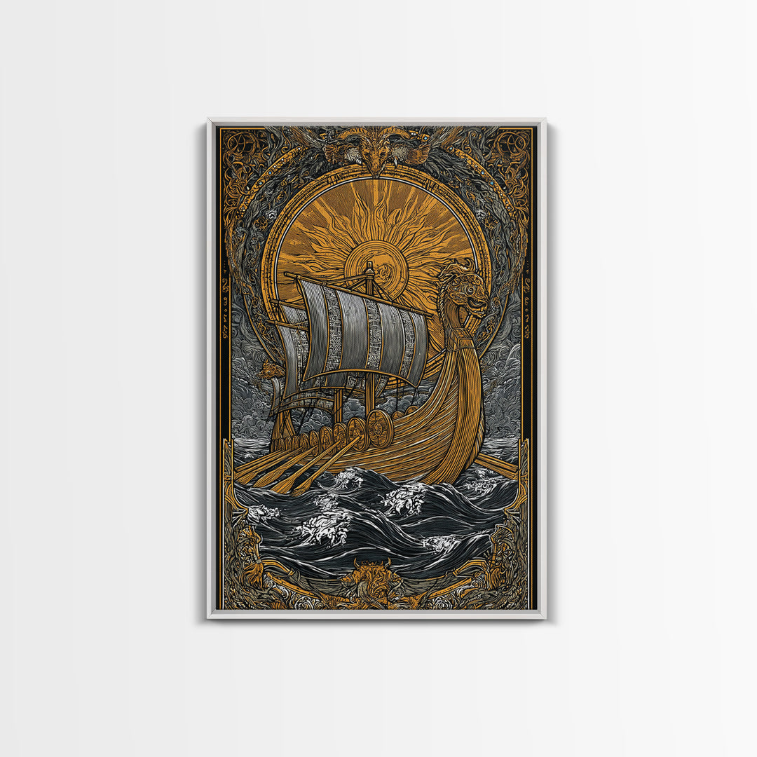 Nordic Sun Viking Ship Canvas Gold Art Canvas Art Norse Mythology Wall Art for Men’s Office or Dad Gift with wood frame