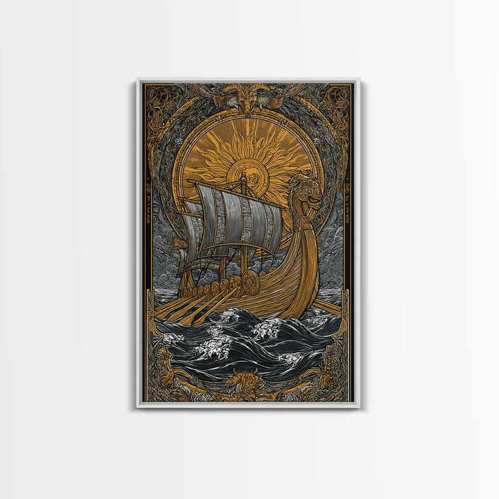 Nordic Sun Viking Ship Canvas Gold Art Canvas Art Norse Mythology Wall Art for Men’s Office or Dad Gift with wood frame