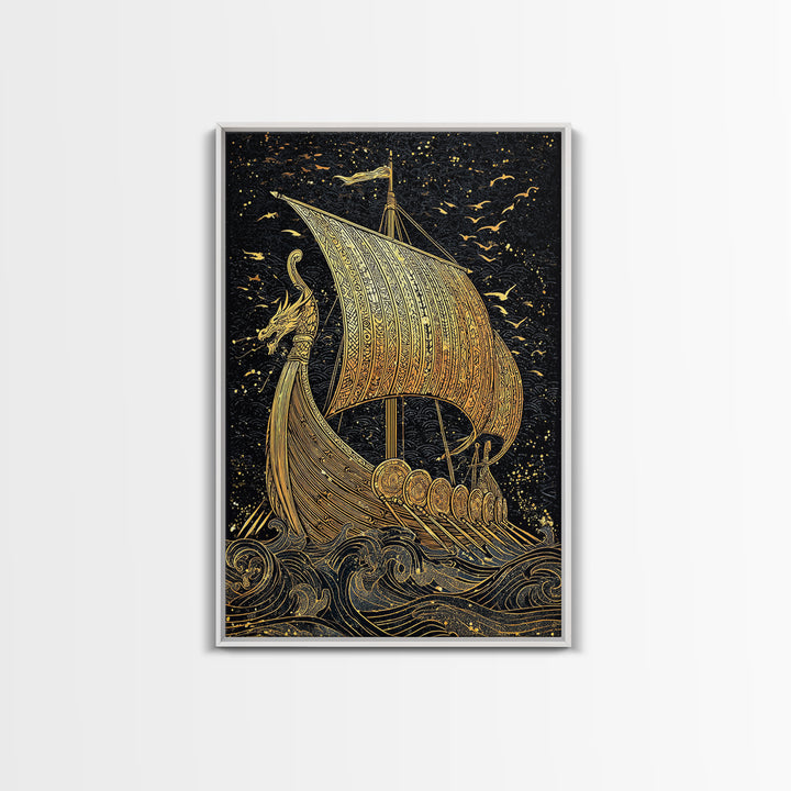 Dragon Head Viking Longship Canvas Gold Art Canvas Art Norse Decor for Man Cave, Office Wall Art framed in real wood