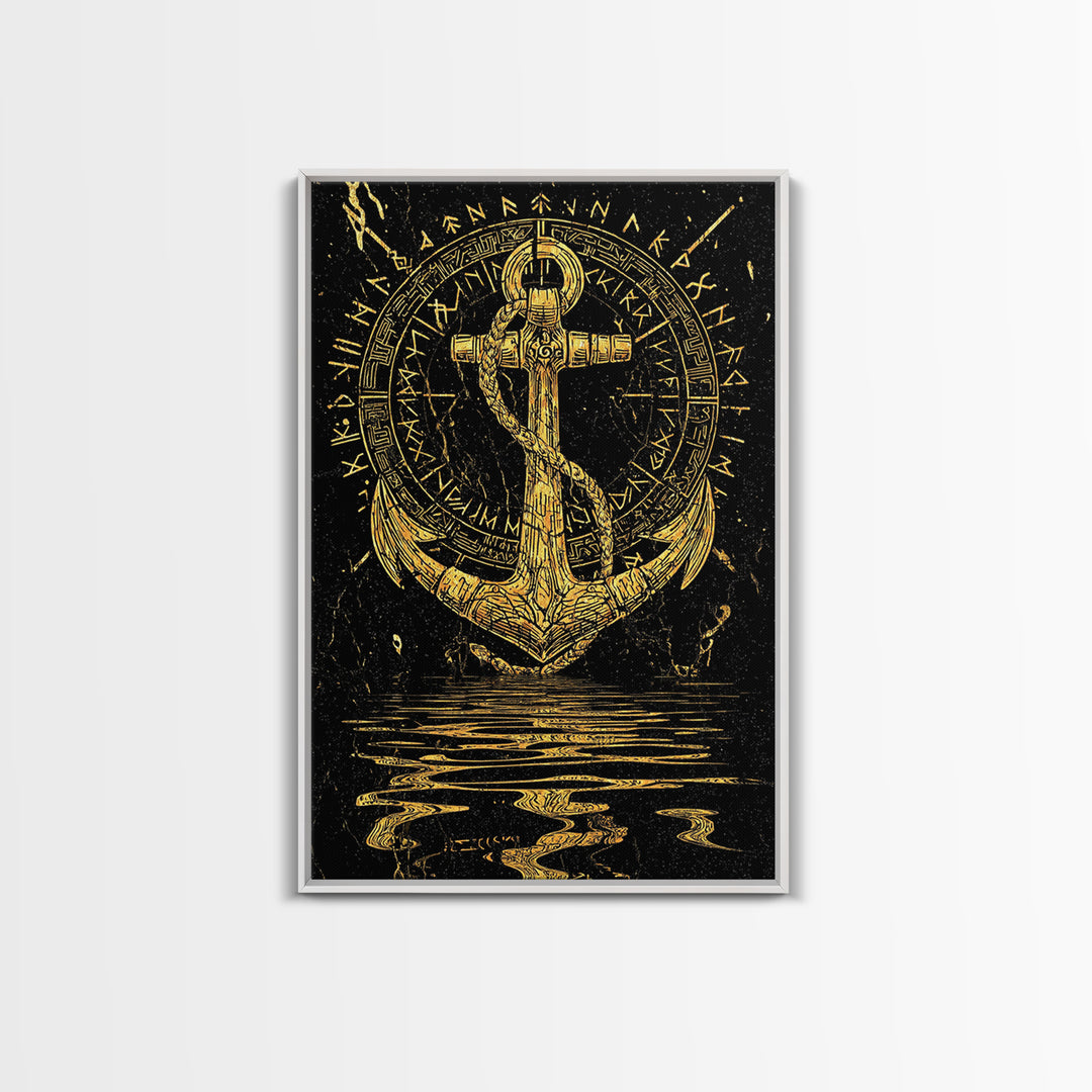 Runic Anchor Canvas Gold Art Canvas Art Norse Mythology Wall Decor for Men’s Office or Man Cave, framed with natural wood