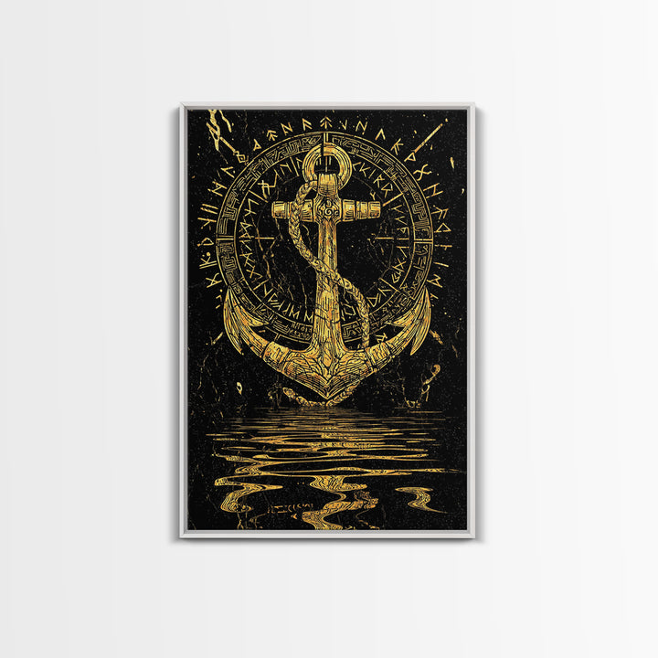 Runic Anchor Canvas Gold Art Canvas Art Norse Mythology Wall Decor for Men’s Office or Man Cave, framed with natural wood