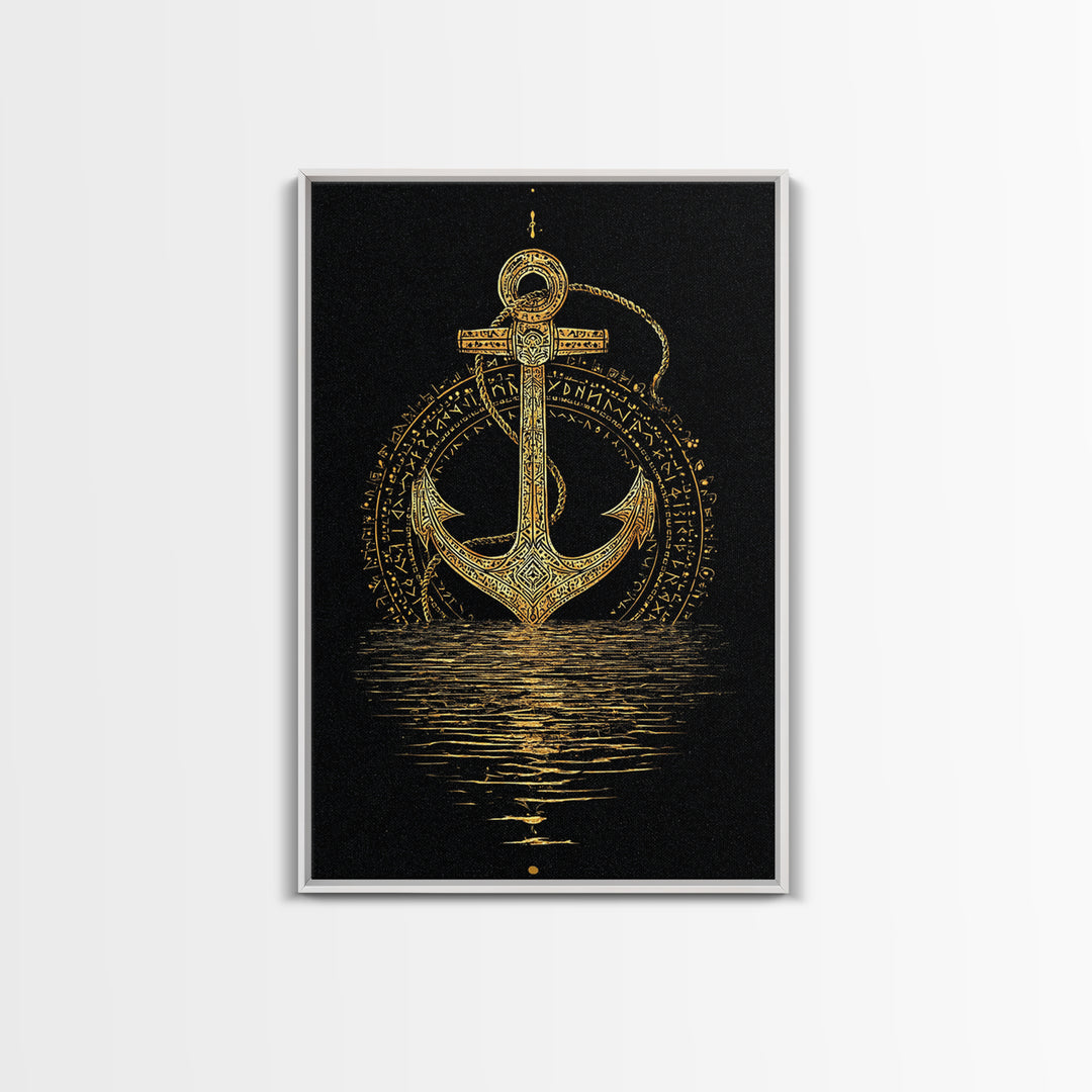 Norse Anchor with Runes Canvas Gold Art Canvas Art Viking Decor for Dad Gift or Office Wall, framed in real wood design