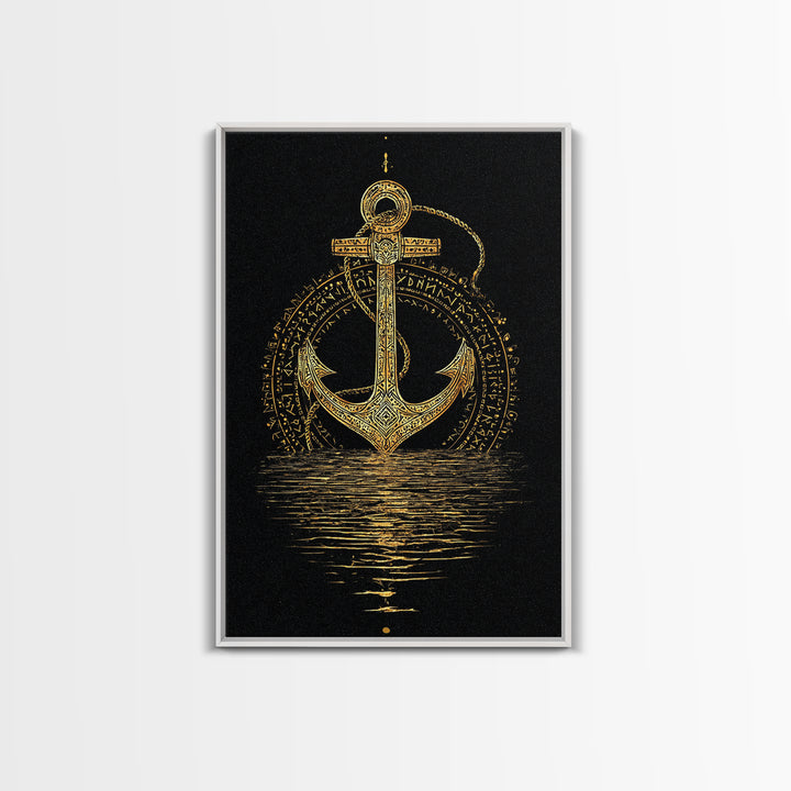 Norse Anchor with Runes Canvas Gold Art Canvas Art Viking Decor for Dad Gift or Office Wall, framed in real wood design