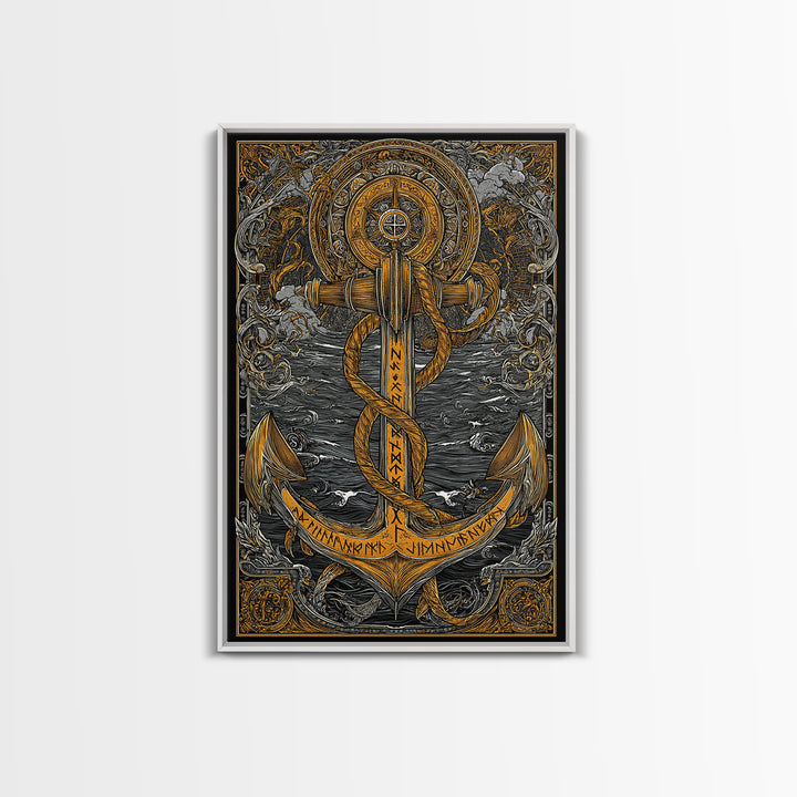 Viking Anchor Canvas Gold Art Canvas Art Nordic Mythology Wall Art for Man Cave, Office Decor with handcrafted wood frame
