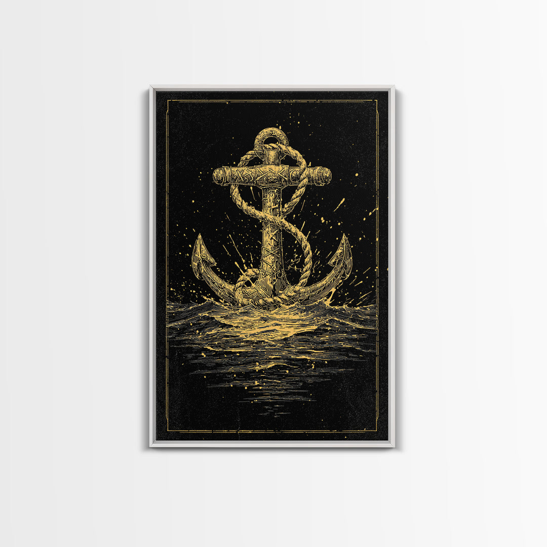 Nordic Anchor Canvas Gold Art Canvas Art Norse Mythology Decor for Office, Man Cave or Dad Gift, framed in real wood