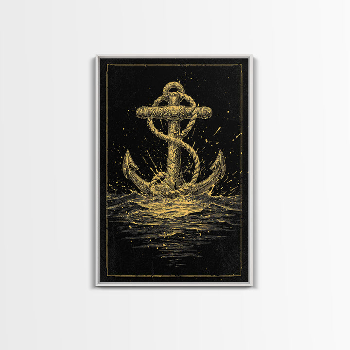 Nordic Anchor Canvas Gold Art Canvas Art Norse Mythology Decor for Office, Man Cave or Dad Gift, framed in real wood