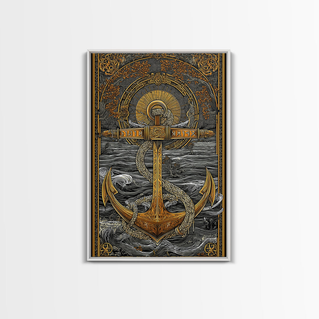 Norse Anchor Wall Art Canvas Gold Art Canvas Art with Runes Viking Decor for Men’s Office or Man Cave framed in wood