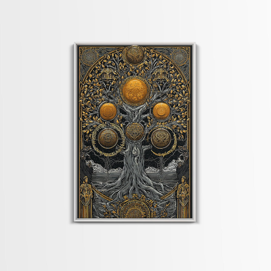 Yggdrasil Norse Tree of Life Canvas Gold Art Canvas Art with Runes Nordic Mythology Wall Decor for Office framed in wood