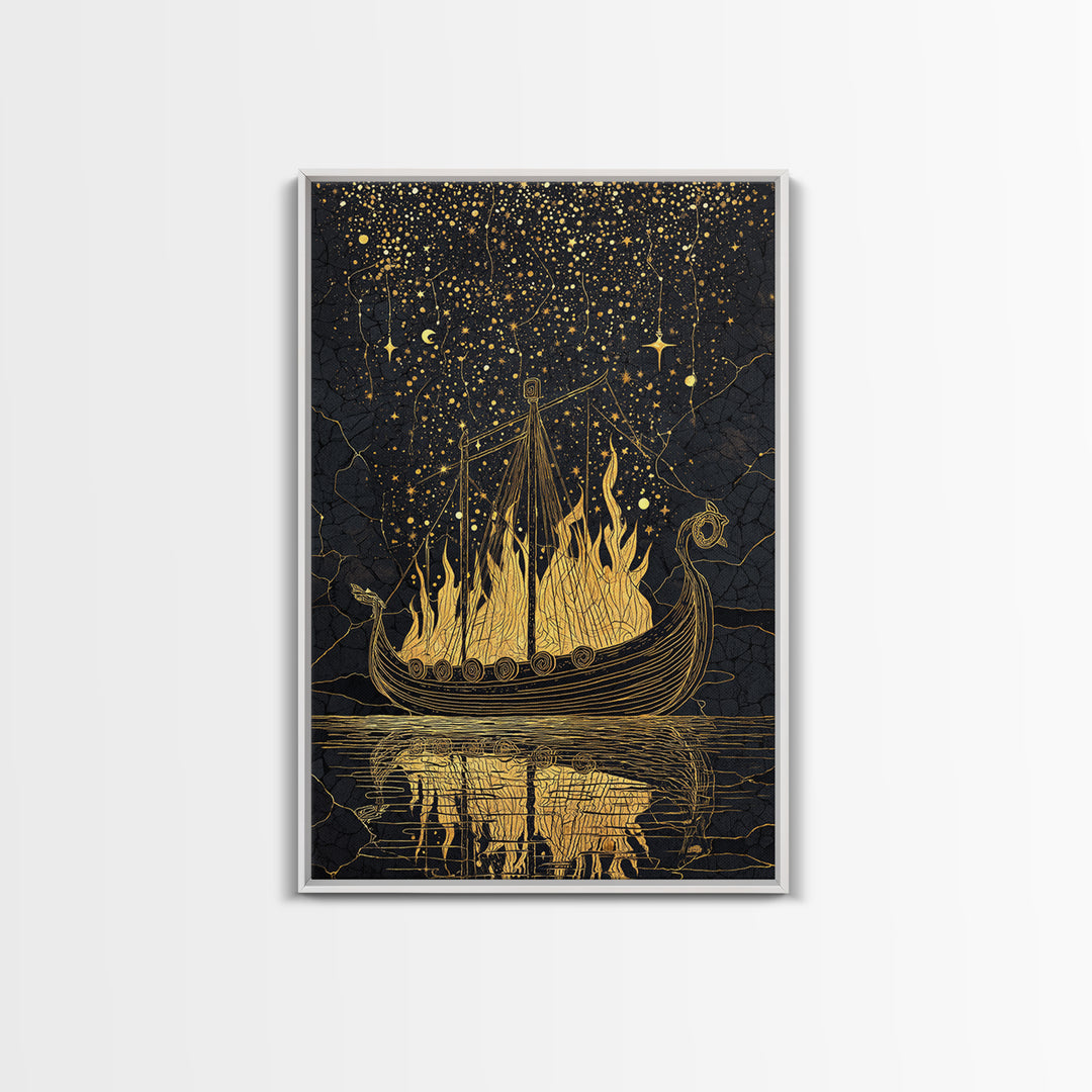 Norse Burial Ship Canvas Gold Art Canvas Art – Viking Funeral Boat Wall Decor, Man Cave Office Artwork framed in real natural wood