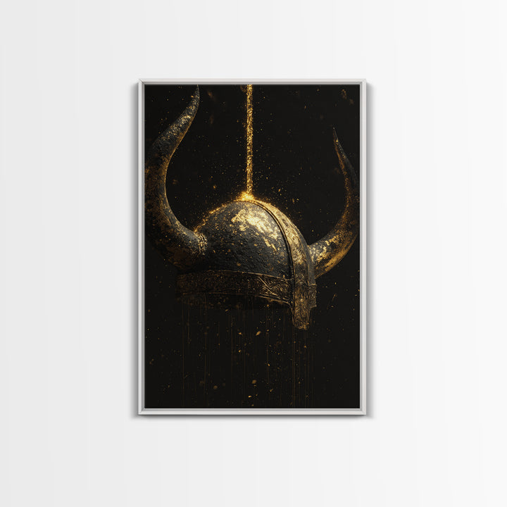 Viking Horned Helmet Canvas Gold Art Canvas Art – Nordic Mythology Man Cave Decor, Bold Office Art framed in genuine real wood