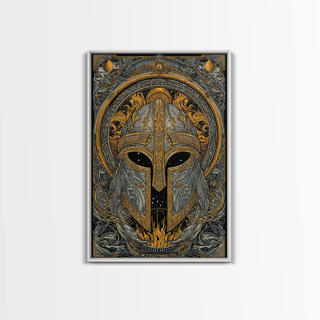 Canvas Gold Art Norse Warrior Helmet Canvas Art – Nordic Mythology Office Wall Decor, Viking Dad Gift framed with authentic wood