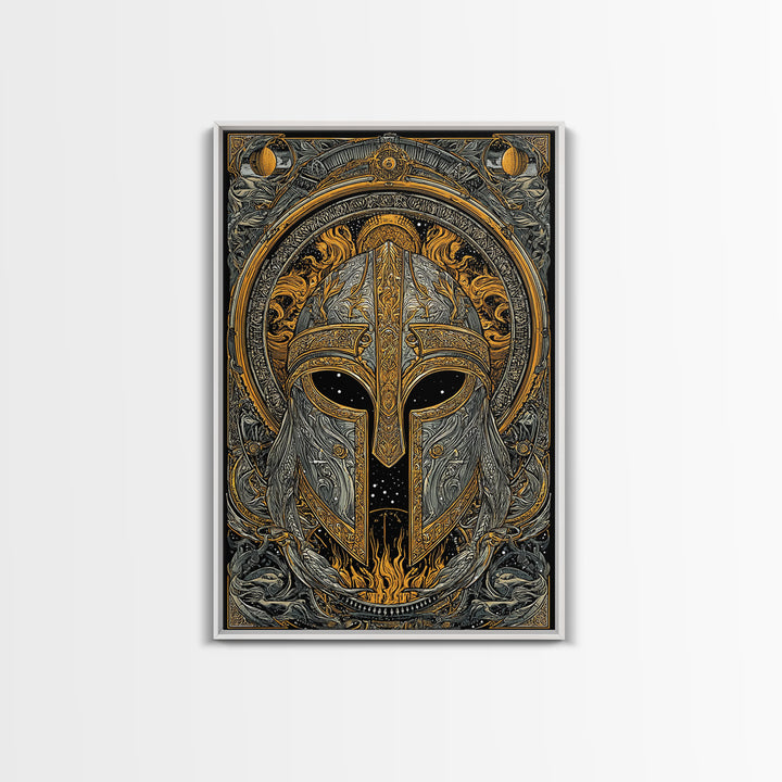 Canvas Gold Art Norse Warrior Helmet Canvas Art – Nordic Mythology Office Wall Decor, Viking Dad Gift framed with authentic wood