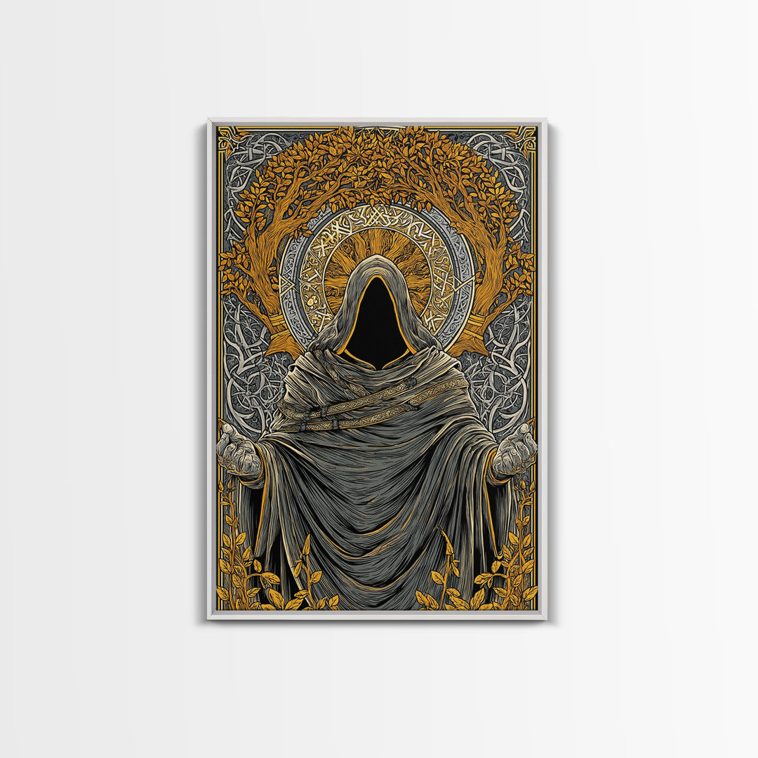 Canvas Gold Art Norse Ritual Hooded Figure Canvas Art – Viking Seer Man Cave Office Decor, Nordic Myth Gift framed with real wood