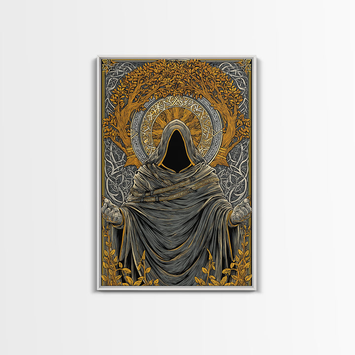 Canvas Gold Art Norse Ritual Hooded Figure Canvas Art – Viking Seer Man Cave Office Decor, Nordic Myth Gift framed with real wood
