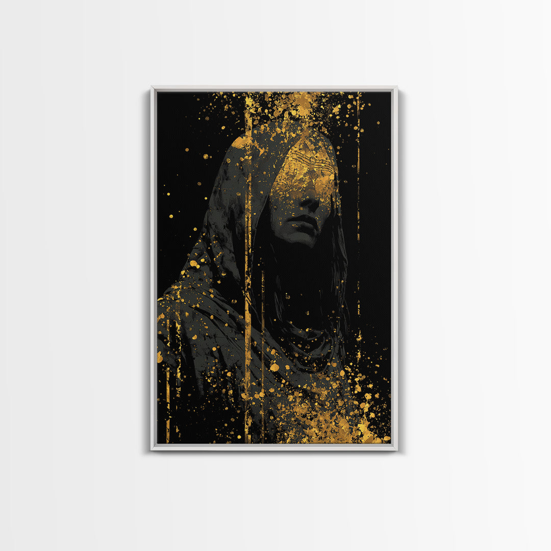 Nordic Hooded Seer Canvas Gold Art Canvas Art – Norse Mythology Office Wall Art, Mystic Viking Decor in handcrafted wood frame