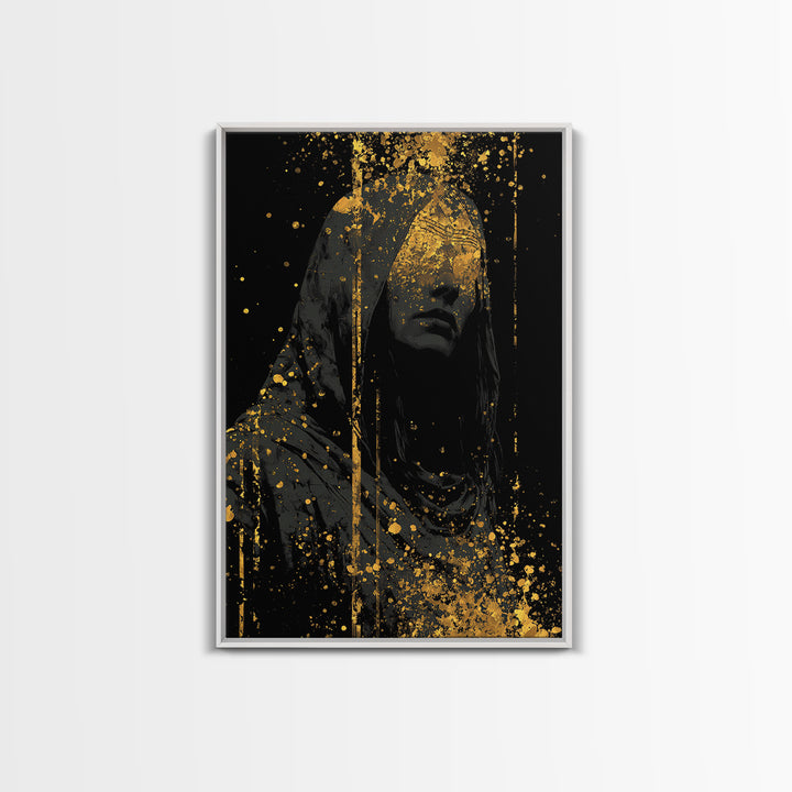 Nordic Hooded Seer Canvas Gold Art Canvas Art – Norse Mythology Office Wall Art, Mystic Viking Decor in handcrafted wood frame